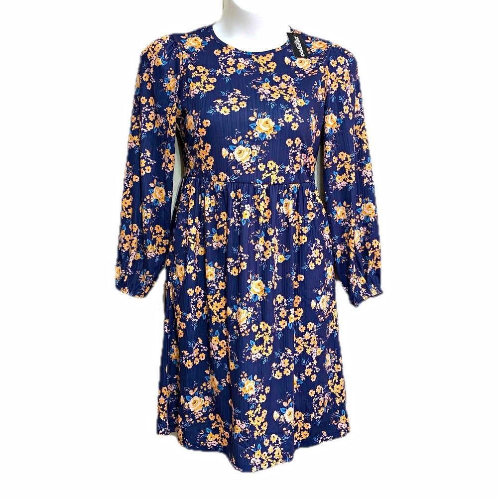 Zeagoo Dress Womens Size Large Navy Floral Long Sleeve Balloon Pleated A-Line